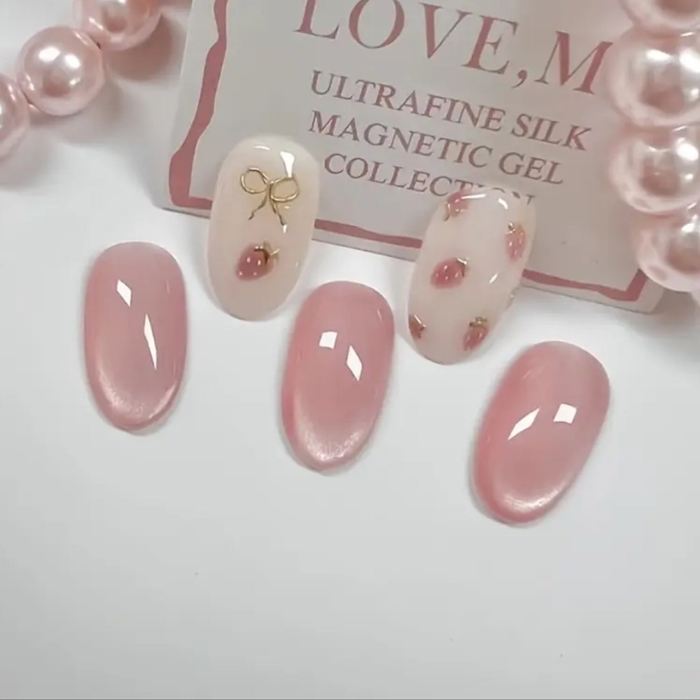 Pink Cateye Press-On Nails with Glossy Floral Accents